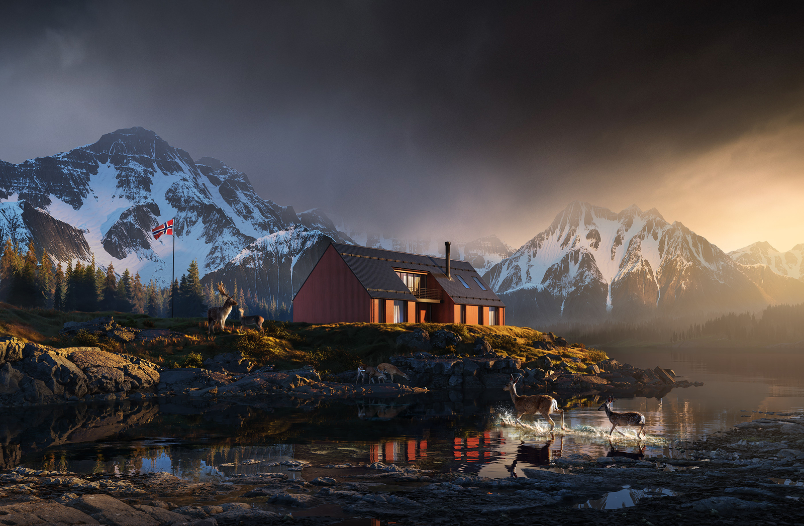 Landscape norway europe art mountains snow lake house Custom Gaming Mat Desk