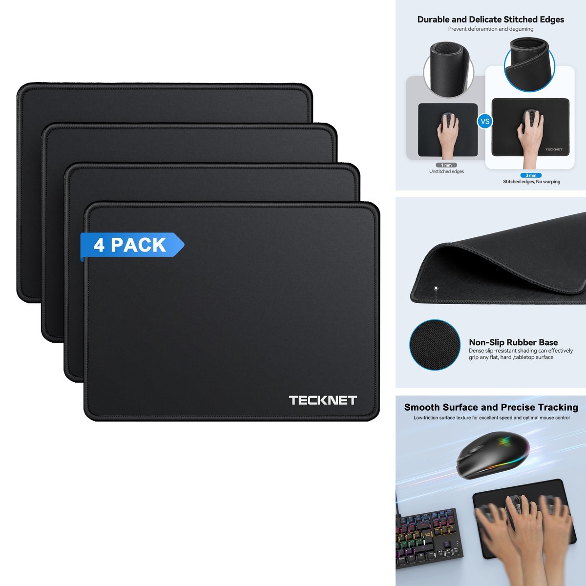 TECKNET 4 Pack Mouse Pad Durable Anti-fray Stitching, Small