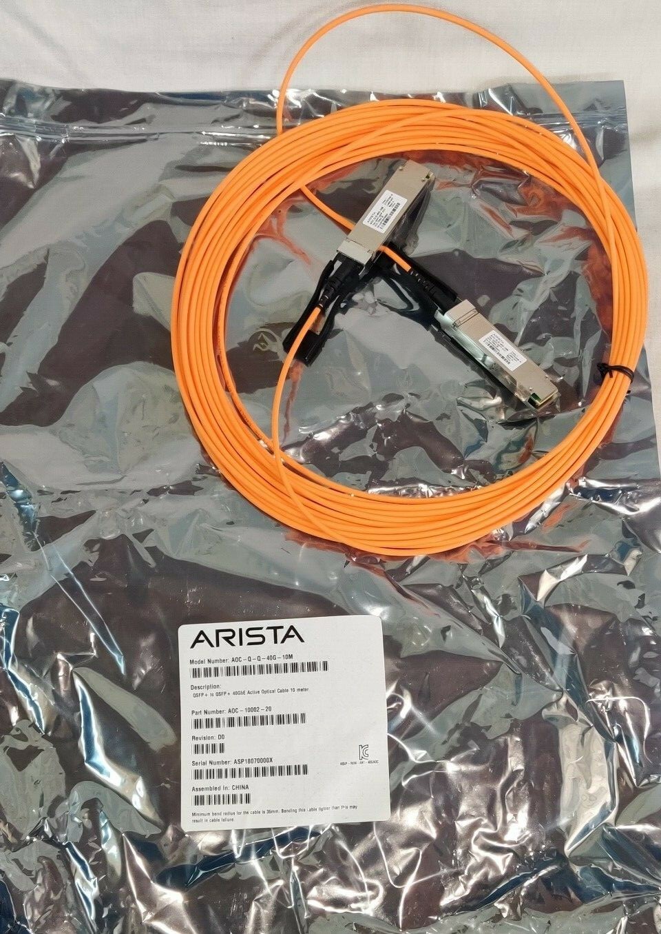 Genuine Arista AOC-Q-Q-40G-10M QSFP+ to QSFP+40GbE Active Optical Cable