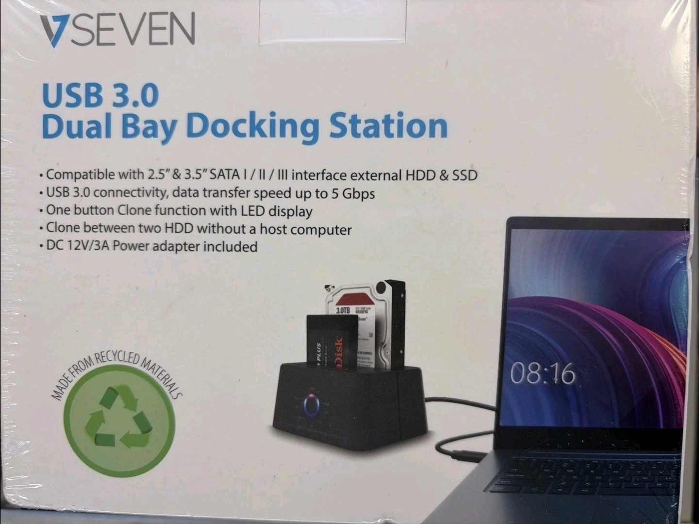 VSEVEN USB 3.0 Dual Bay Hard Drive Docking Station 2.5" SSD/SATA SEALED