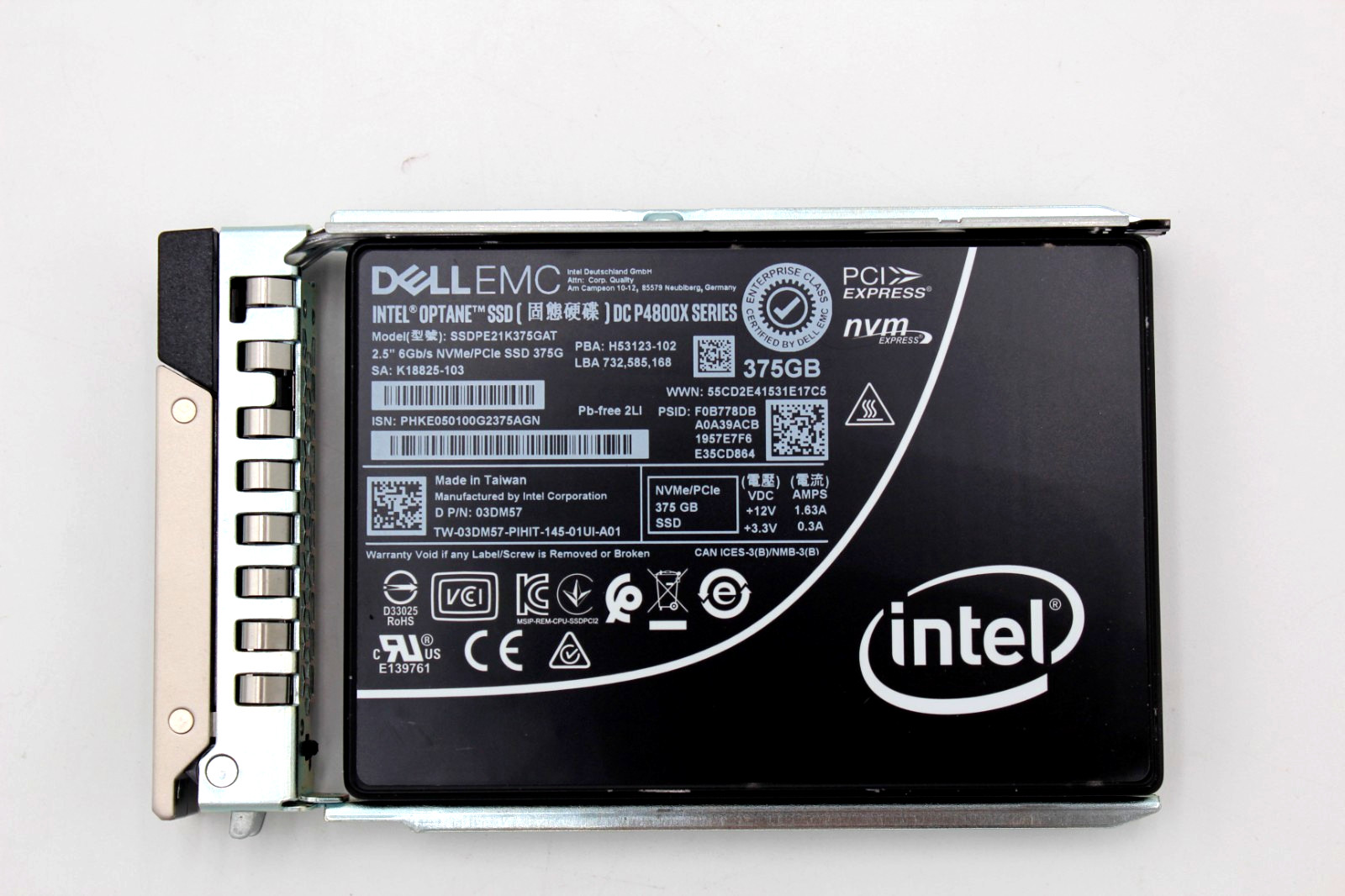 Dell EMC Intel Optane P4800X 375GB NVMe U.2 SSD SSDPE21K375GAT 03DM57 G14 Caddy