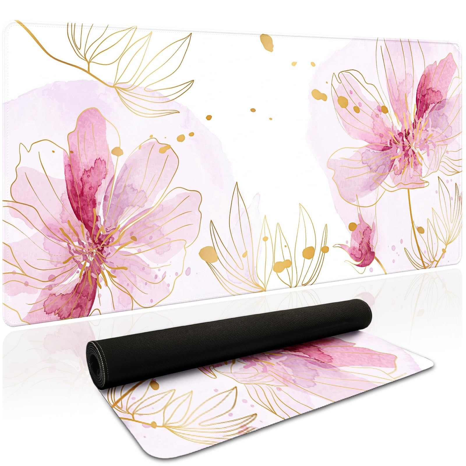 Pink Desk Mat Aesthetic Floral 35.4x15.7 Inch XXL Keyboard NonSlip Protector