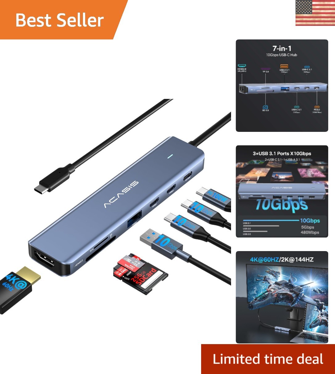 Aluminum 7-in-1 USB-C Hub - 4K HDMI, 10Gbps Transfer, PD Charging - Lightweight
