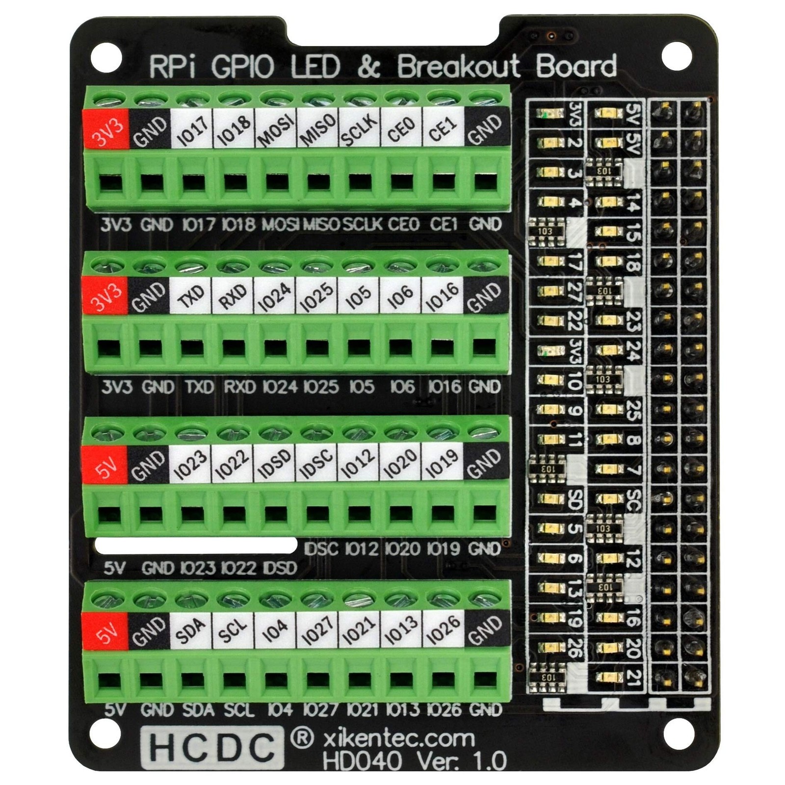 HCDC RPi GPIO Status LED & Terminal Block Breakout Board HAT for Raspberry Pi...