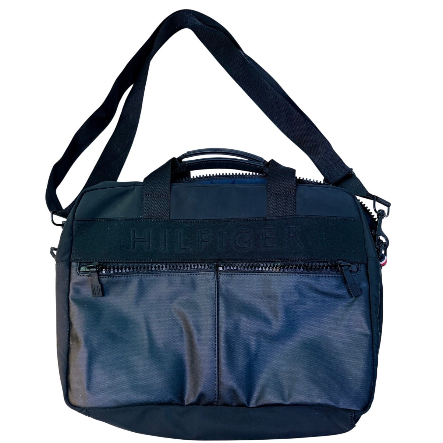 Tommy Hilfiger Black Laptop Shoulder Bag Debossed Logo Front Zip Pockets