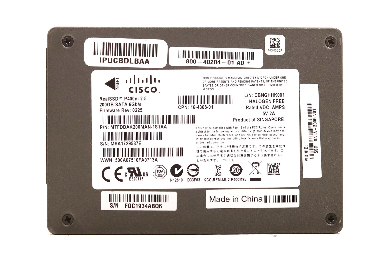 Cisco RealSSD P400m 200GB 2.5" 6Gb/s SATA Solid State Drive P/N: SSD-SATA-200G