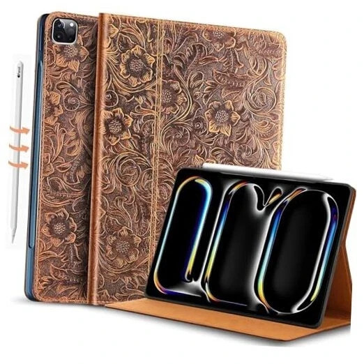  Genuine Leather Case for iPad Pro 13 iPad Pro 13 Inch M4 2024 Flower Brown