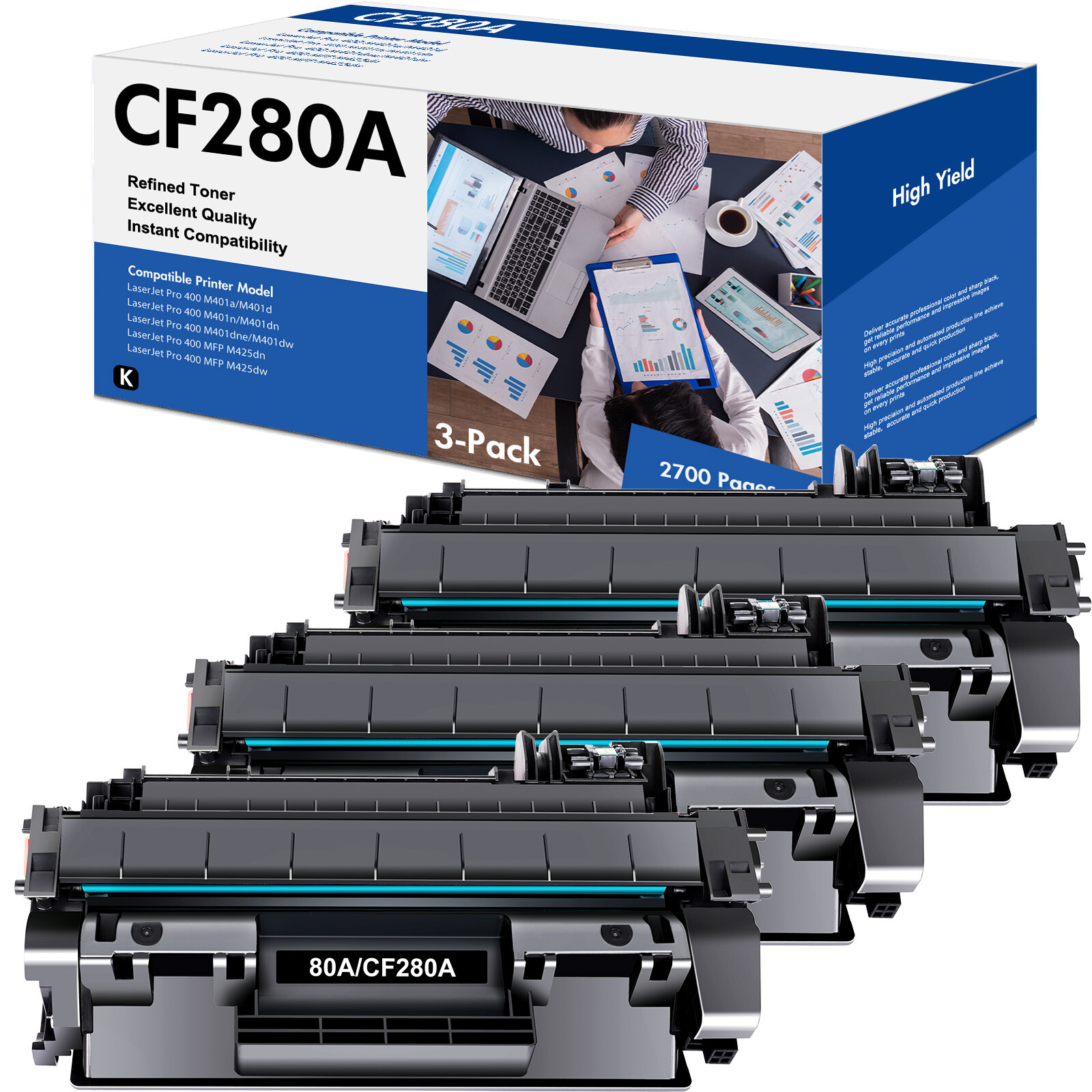 3PK Black CF280A 80A Toner Cartridge for HP Laserjet Pro 400 M401a M401d M401dn
