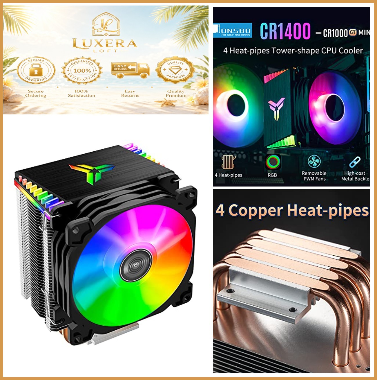 CR1400 RGB CPU Air Cooler 92mm PWM Fan 4 Heat Pipes Intel AMD Black
