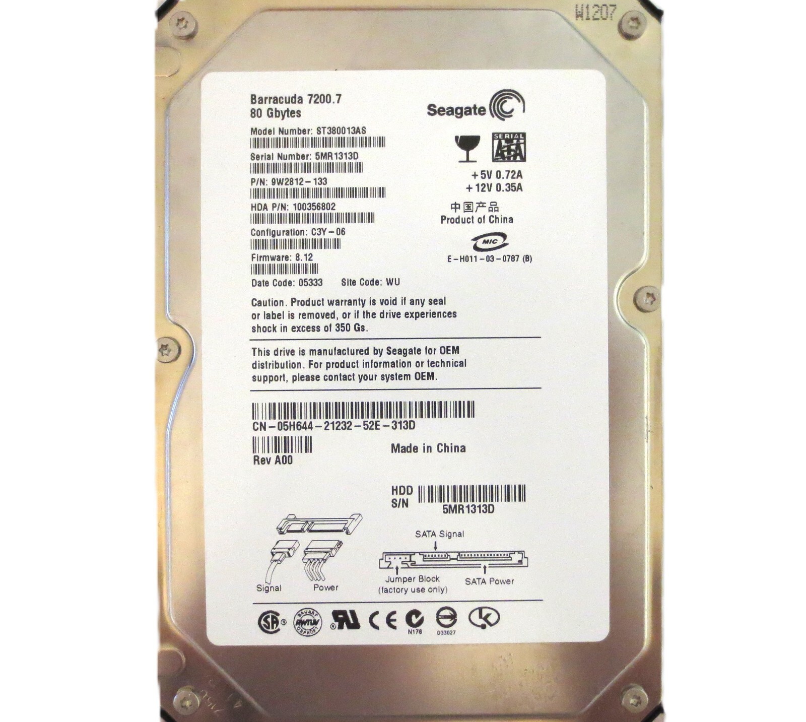 Seagate ST380013AS 9W2812-133 8.12 WU (5MR) China 80gb 3.5" Sata HDD FEB/2005