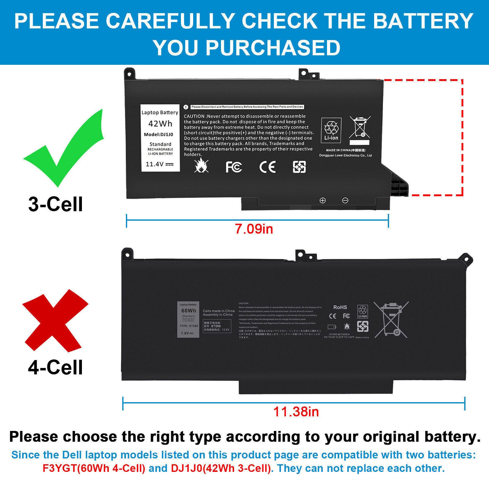 Lot 100PC Battery DJ1J0 For Dell Latitude 7280 7290 7380 7390 7480 7490 3Cells