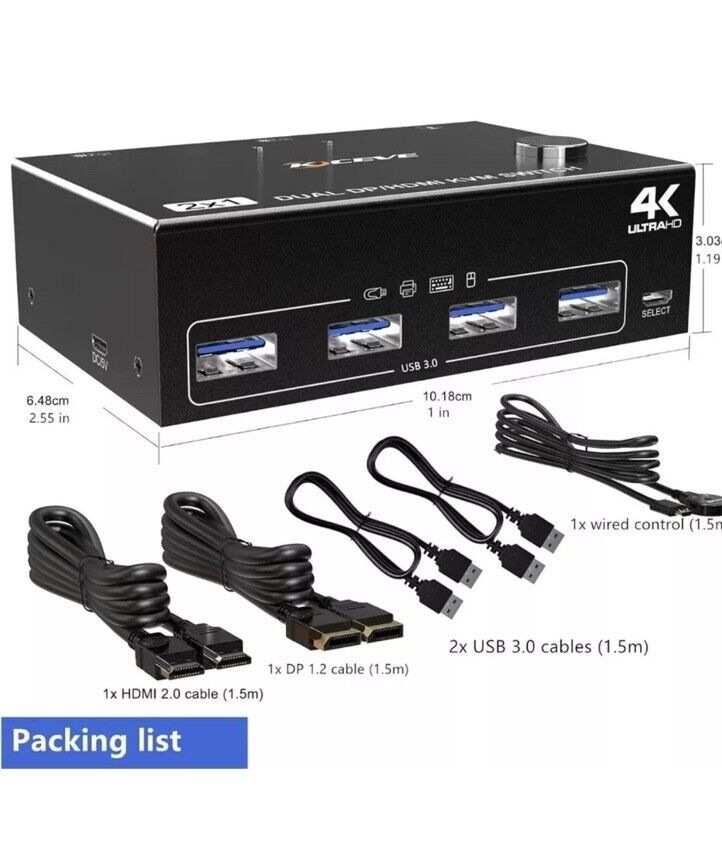KCEVE DP HDMI USB 3.0 KVM Switch 2 Computer 2 Monitors, Dual Monitor Displayport