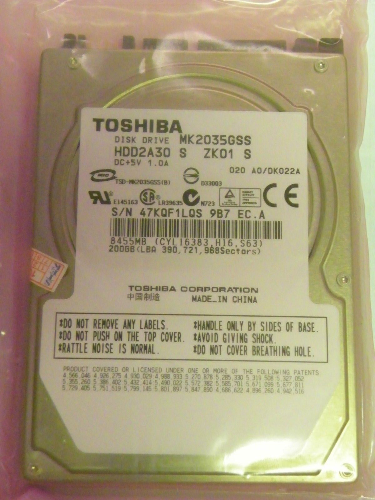 Toshiba MK2035GSS (HDD2A30 S ZK01 S) 020 A0/DK022A laptop 200GB 2.5" SATA HDD