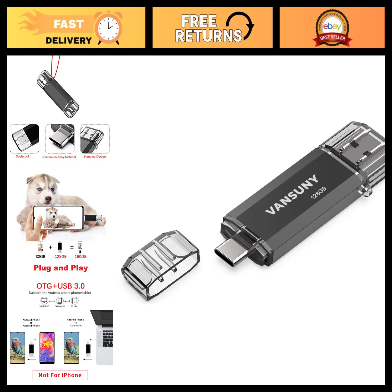 128GB USB C Flash Drive 2-in-1 OTG USB 3.0 Memory Stick for Android, PC, Tablet