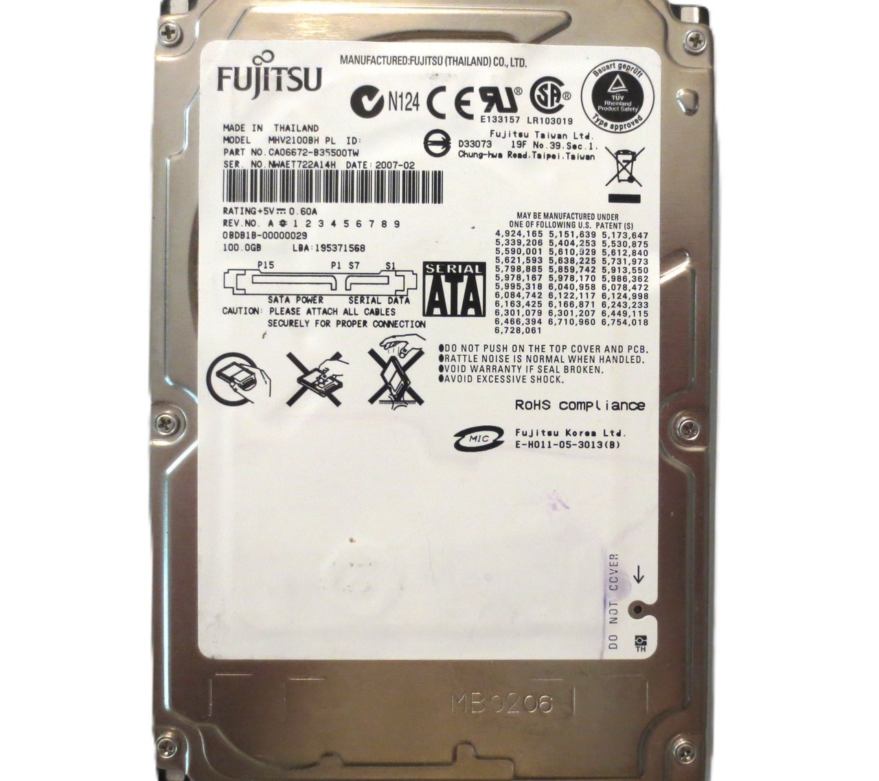 MHV2100BH PL CA06672-B35500TW 0BDB1B-00000029 (NWA) Thailand 100gb Sata 2007-02