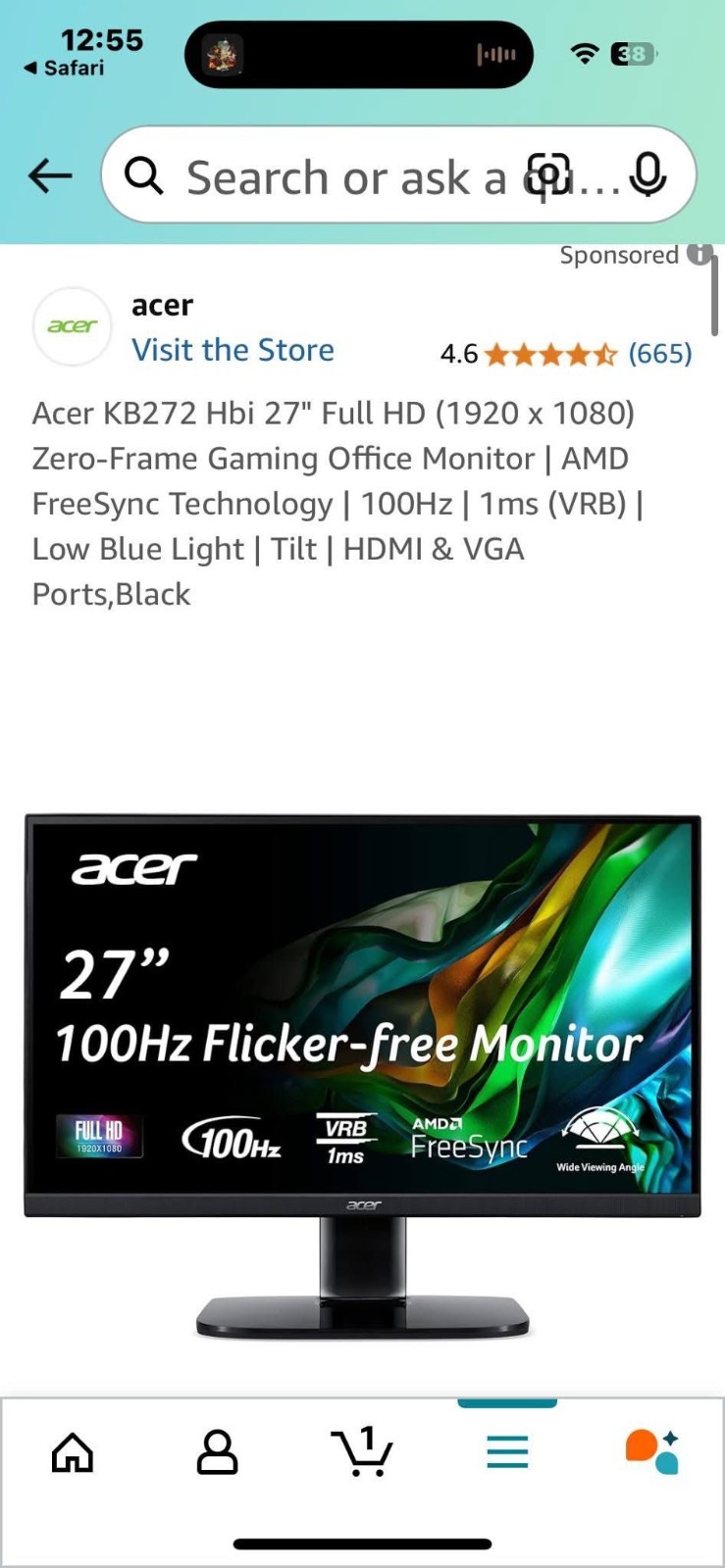 Acer KB272 Hbi 27" Full HD (1920 x 1080) Zero-Frame Gaming Office Monitor | AMD
