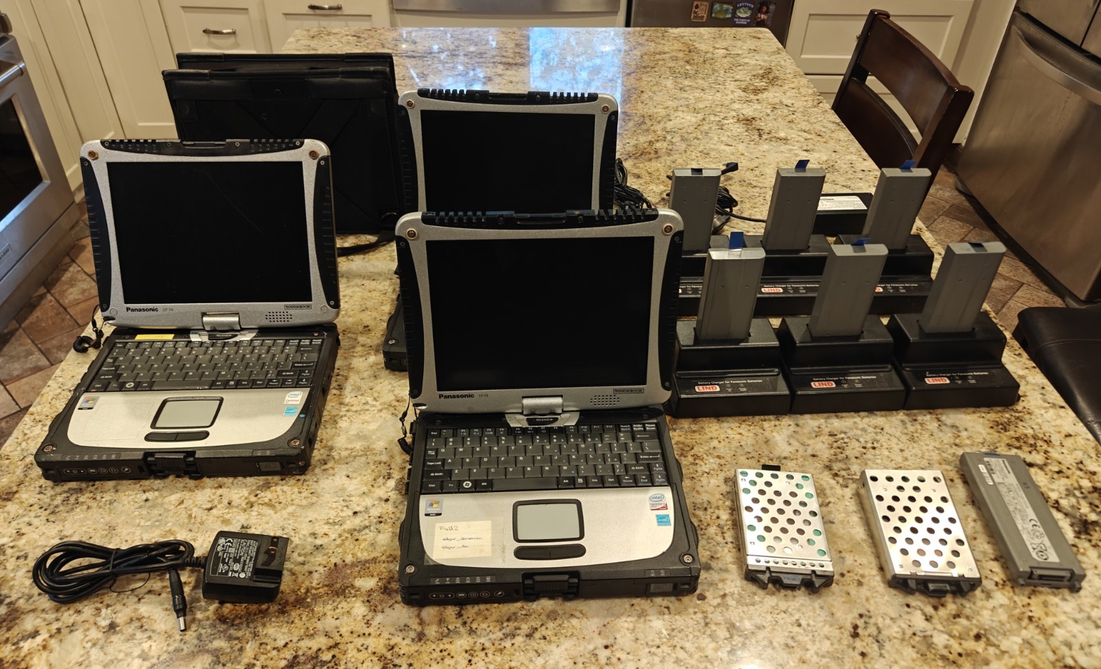 Lot 3 Panasonic Toughbook CF-19 & 2 Lind 3 Port Battery Chargers + Extras AS-IS