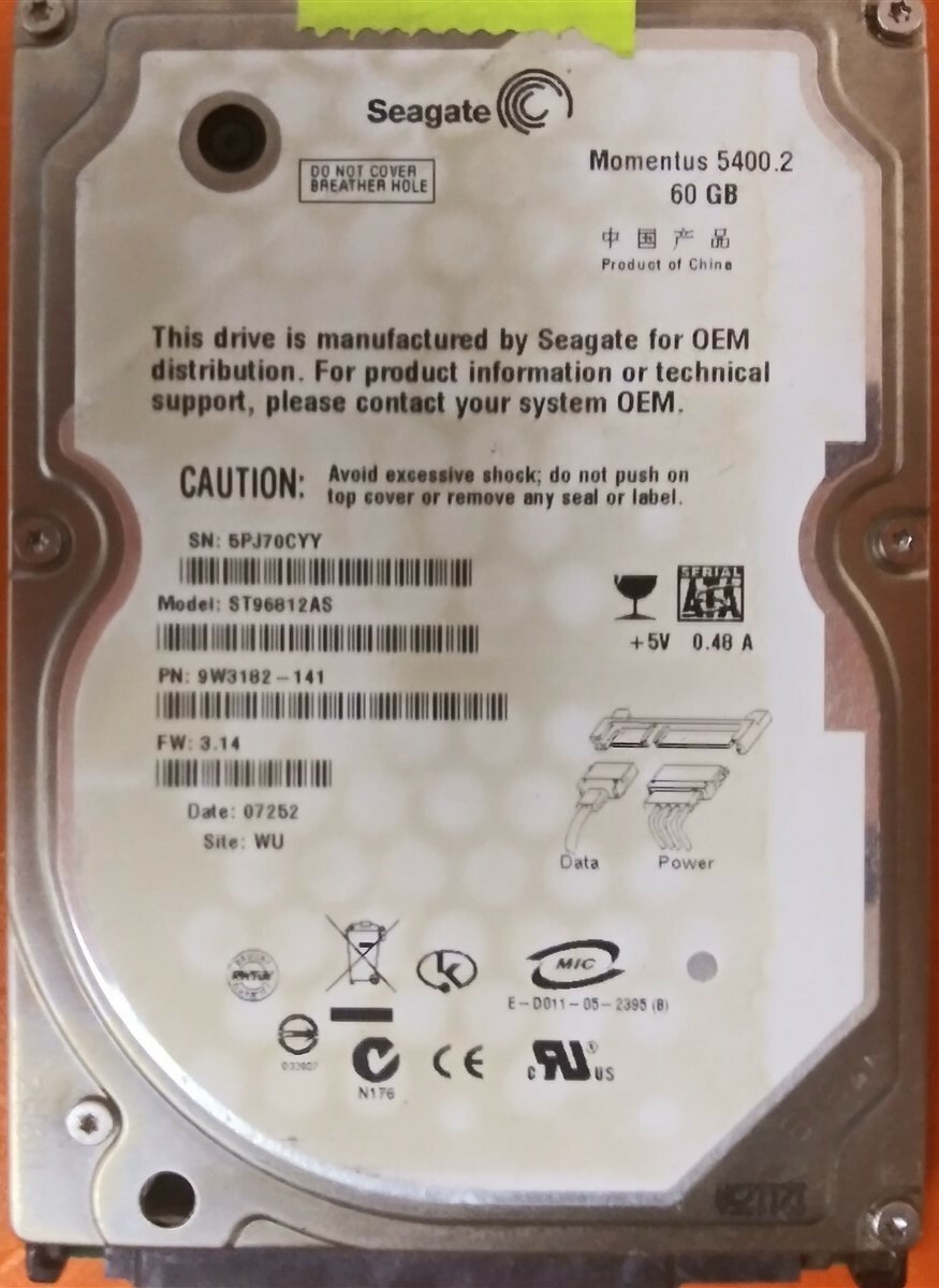 ⭐️⭐️⭐️⭐️⭐️ HDD Hard Drive SATA Laptop 2.5" Seagate ST96812AS 60GB 9W3182-141