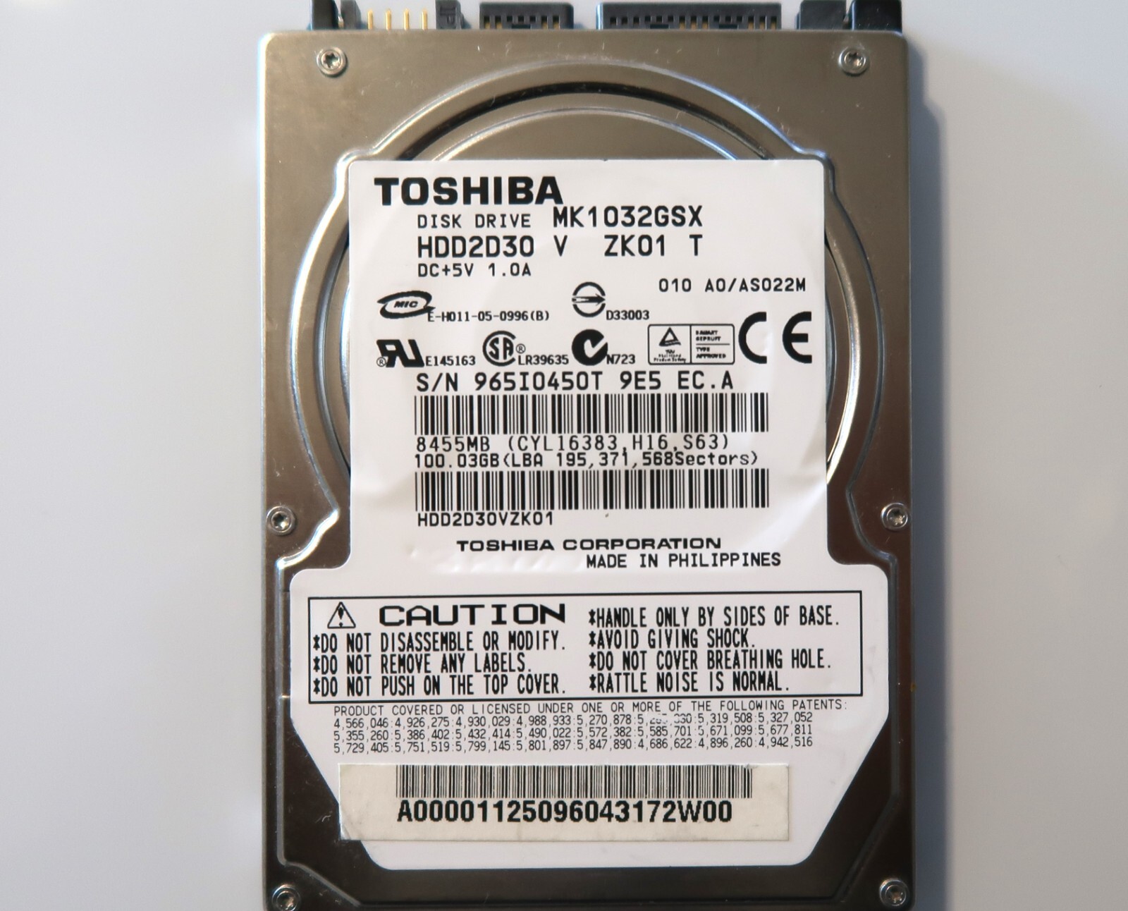 Toshiba MK1032GSX (HDD2D30 V ZK01 T) 010 A0/AS022M Sata 100gb 2.5" Philippines