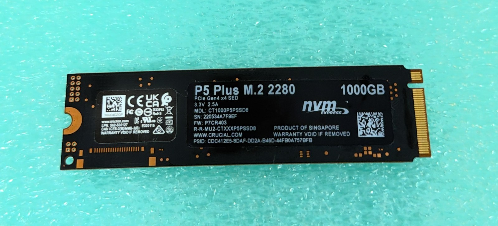 Crucial P5 Plus 1TB NVMe M.2 2280 PCIe 4.0 SSD CT1000P5PSSD8 91% Health