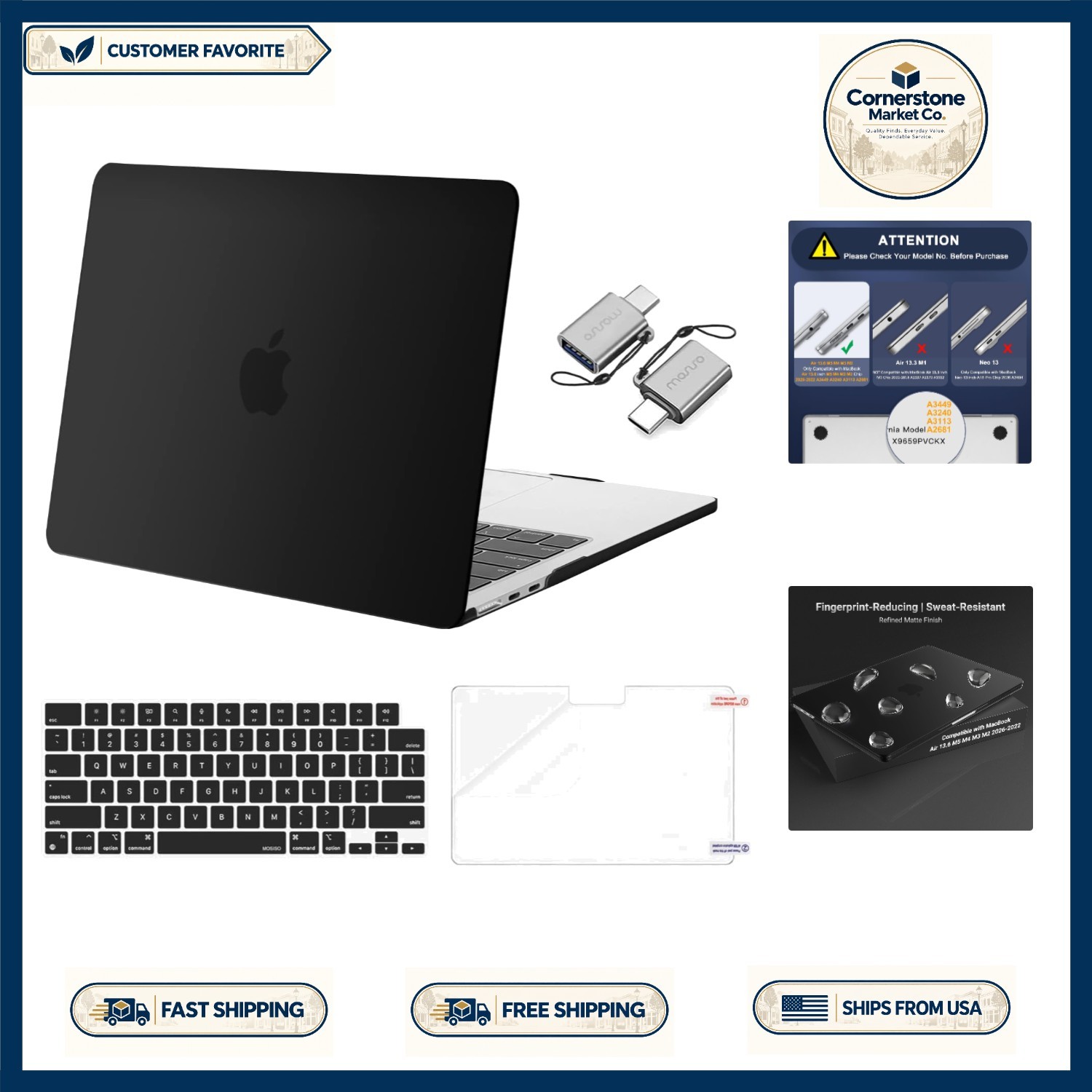 Slim Fit MacBook Air 13-Inch Case with Keyboard Cover & Screen Film - 2022-2026
