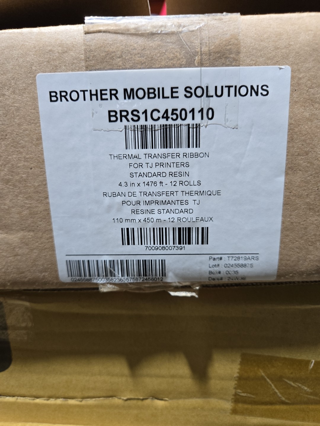 BROTHER Resin Black 110mm X 450m  BRS1C450110 / BRS1C450110 12 Rolls New