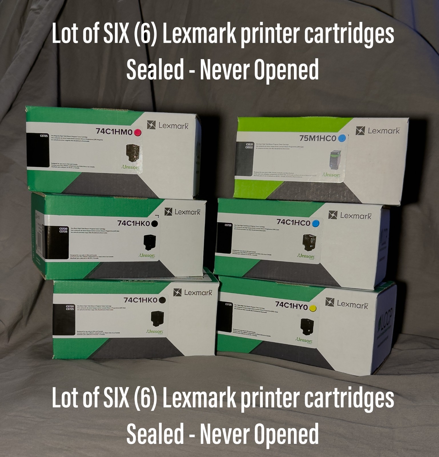 NEW*SEALED*6-Lexmark  High Yield 74C1HK0,  74C1HC0,  74C1HY0,  74C1HM0 + 75M1HCO