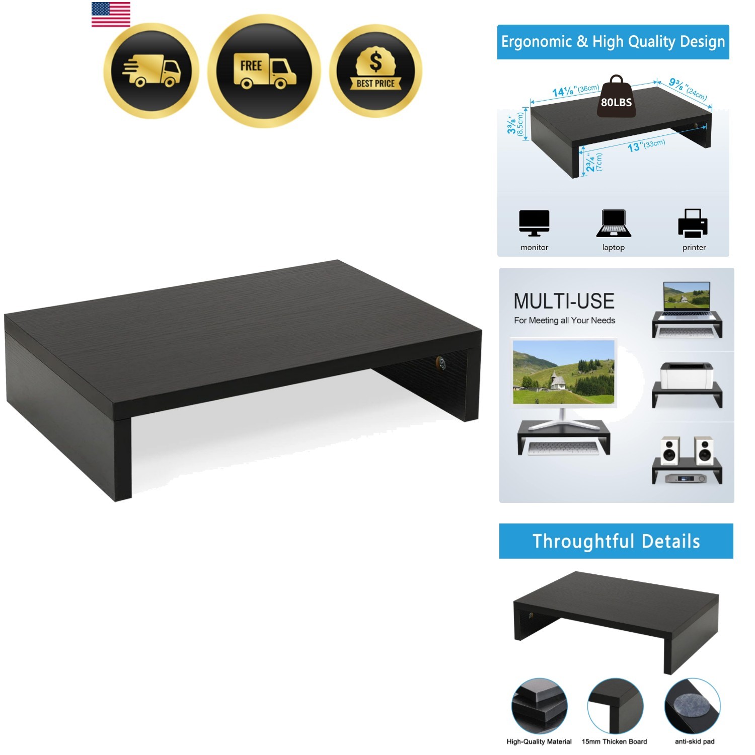 14.2 inch Monitor Stand Riser, Wood Monitor Riser with Storage for Desk Small...