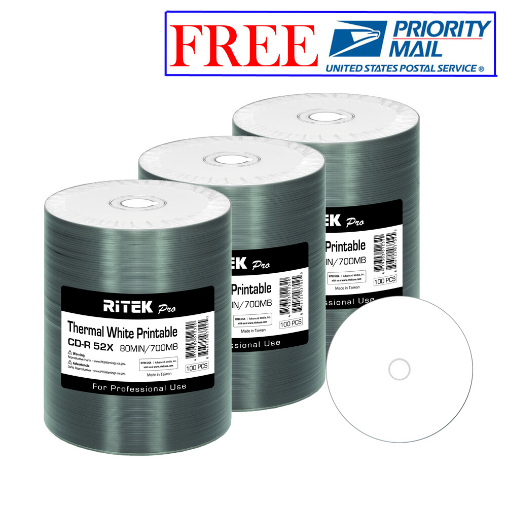 300 Pack Ritek Pro CD-R 52X 700MB White Thermal Hub Printable Blank Media Disc
