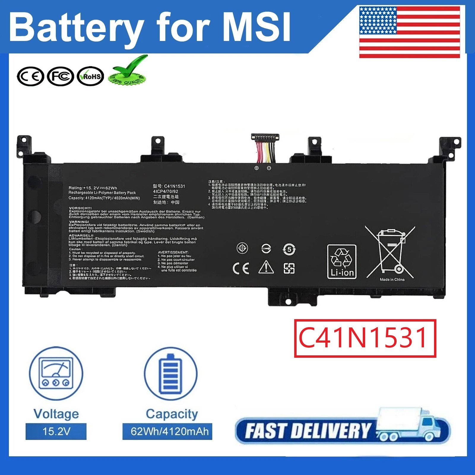 New  C41N1531 battery ASUS ROG GL502VS GL502VY G502VY G502VS G502VSK FX502VY  US