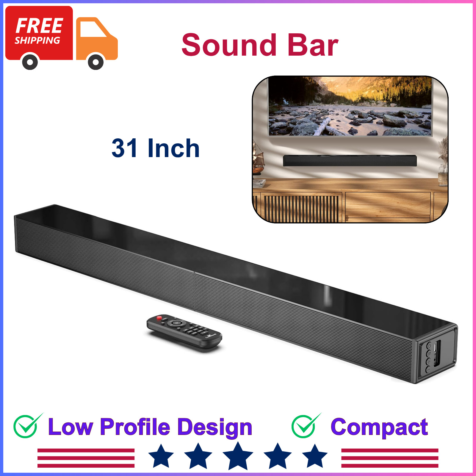 Sound Bar For TV, Surround Sound System, TV Speaker Soundbar, 31 inch, Glossy