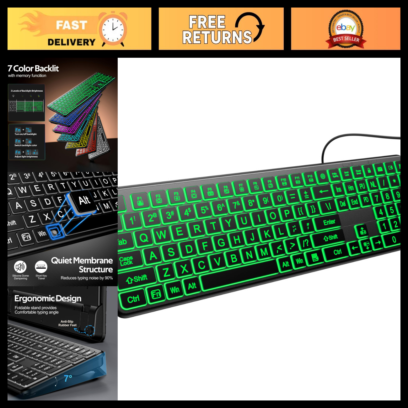 Large Print Light Up USB Wired Keyboard - Silent, Ergonomic Design, Easy Typing