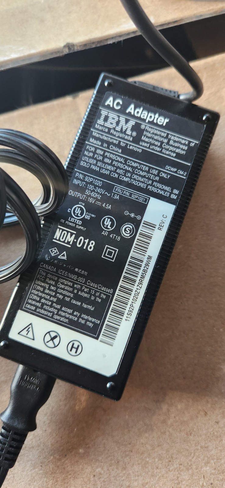 OEM IBM AC Adapter, specifically a model with P/N: 92P1020 and FRU P/N: 92P1021.