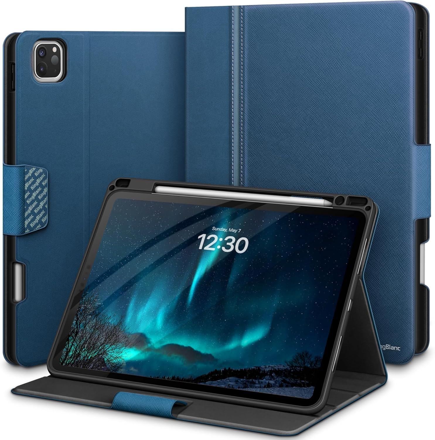 KingBlanc Case for iPad Pro 13-inch (M4) 2024 PU Leather Smart Stand Cover Blue