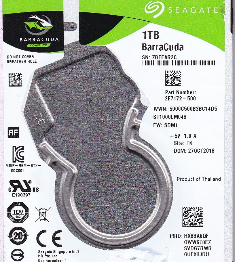 ST1000LM048 p/n: 2E7172-500 f/w: SDM1 TK OCT 2018 s/n: ZDEE 1TB SATA 2.5 SEAGATE
