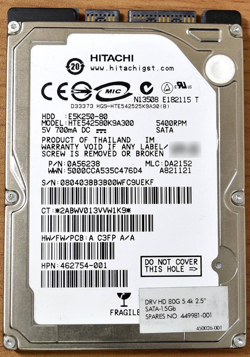 HITACHI HTE542580K9A300 [80GB 2.5-inch 9.5mm SATA HDD 2008 model Use Time 88096H