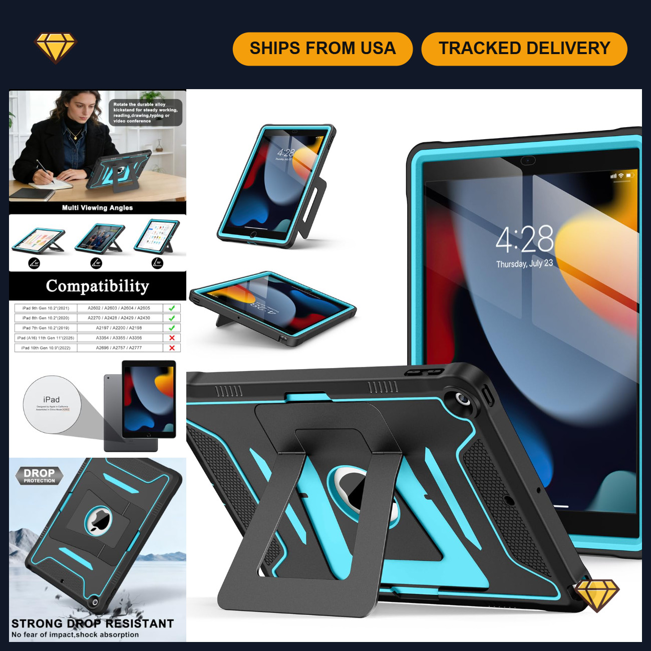 iPad 9th/8th/7th Gen Case - Slim Protective Cover, Black & Blue, 2021-2019 Model