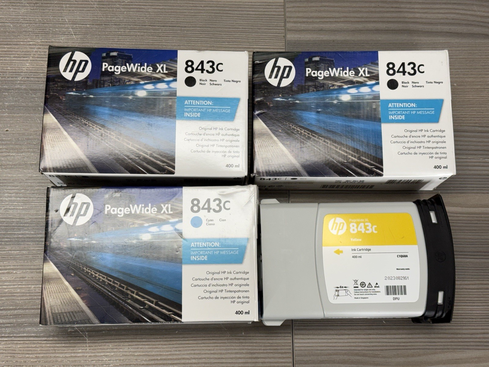 NEW Genuine Lot of 4 HP 843C Ink: 2x Black, 1 Cyan, 1 Yellow (no box)