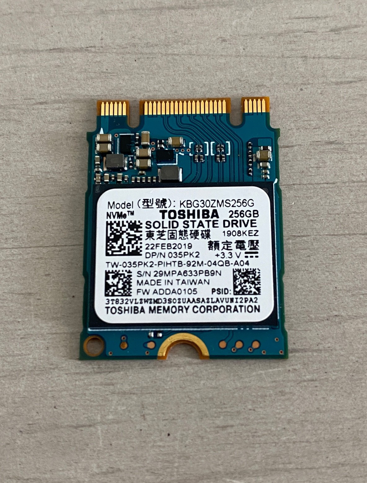 GENUINE TOSHIBA 256GB M.2 2230 NVMe PCIE SSD KBG30ZMS256G 035PK2 - 256GB