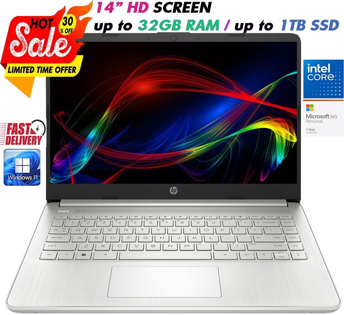 HP Slim Newest Laptop 14" 4-Core Intel Pentium Upto 32GB RAM & 1TB SSD, Win 11