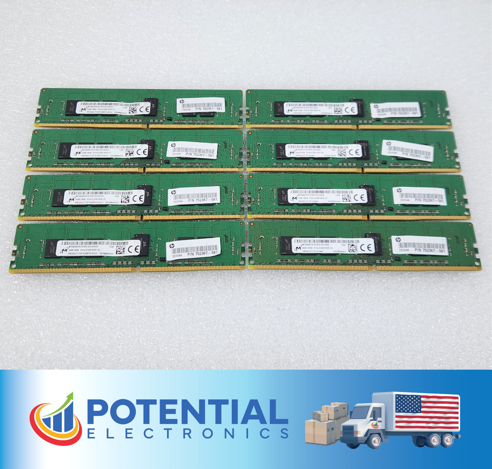 LOT OF 8 Micron MTA9ASF51272PZ-2G1 32GB (8x4GB) 1RX8 PC4-2133P Server Memory