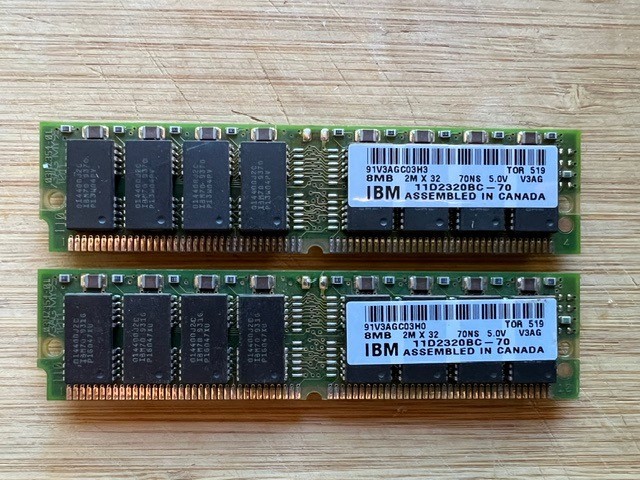 (TWO) IBM 8MB Memory Sticks, 11D2320BC-70 2MX32 70nS 72 Pin. Total 16MB