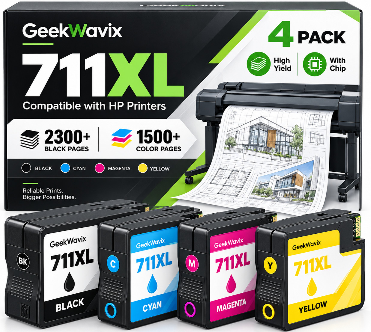 711XL Ink Cartridges 4-Pack Compatible with HP DesignJet T120 T520 T530 T100