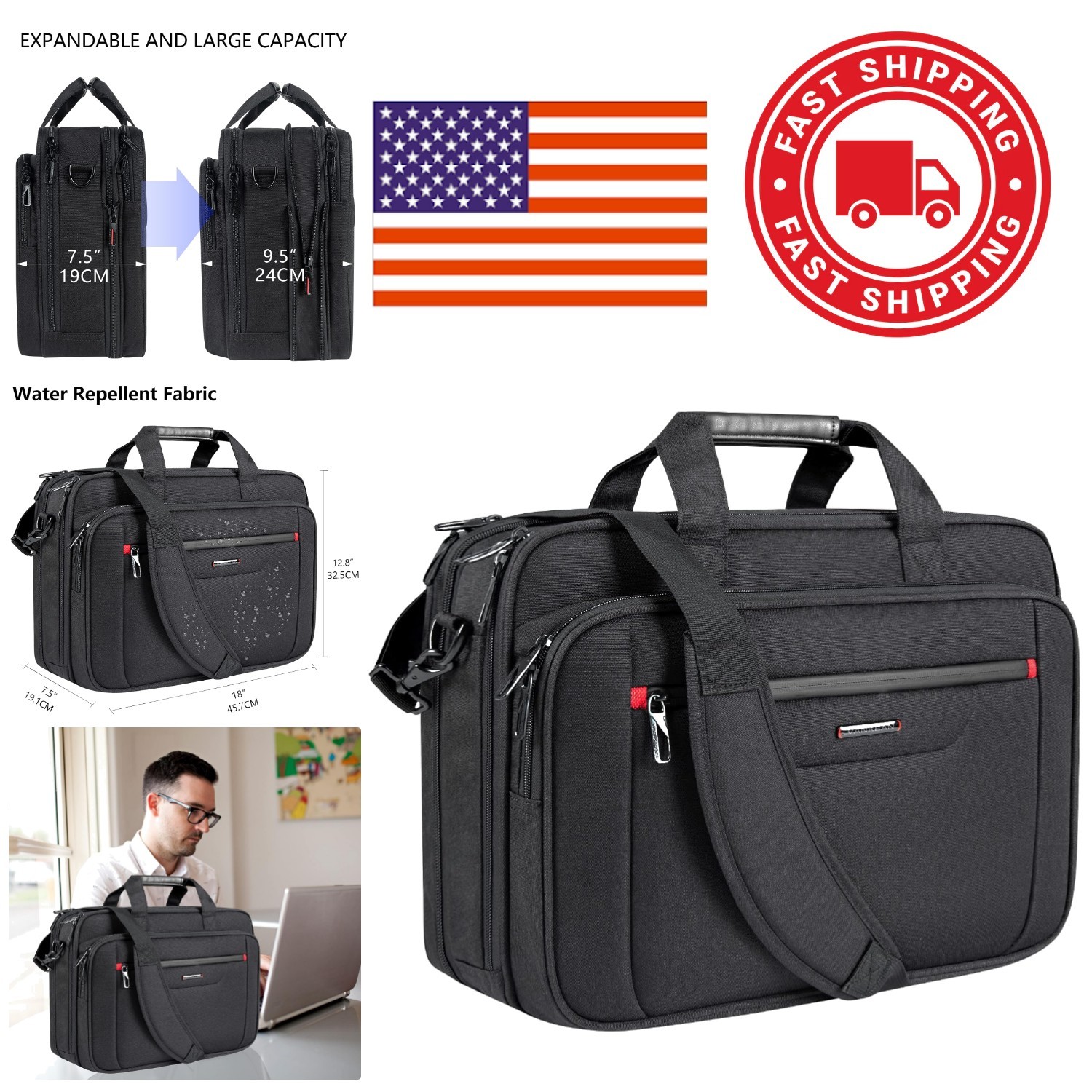 Stylish Black Laptop Briefcase for 17.3 Inch Computers with Adjustable Strap