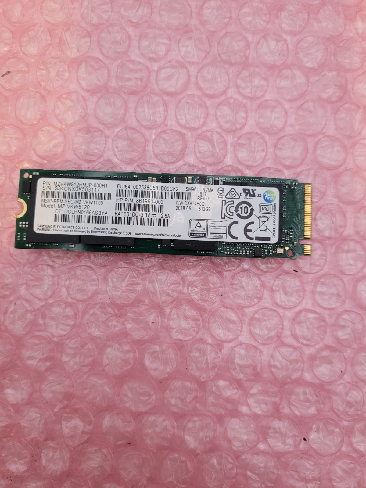 HP Samsung 512GB NVMe SSD MZVKW512HMJP MZ-VKW5120 HP P/N 861960-003