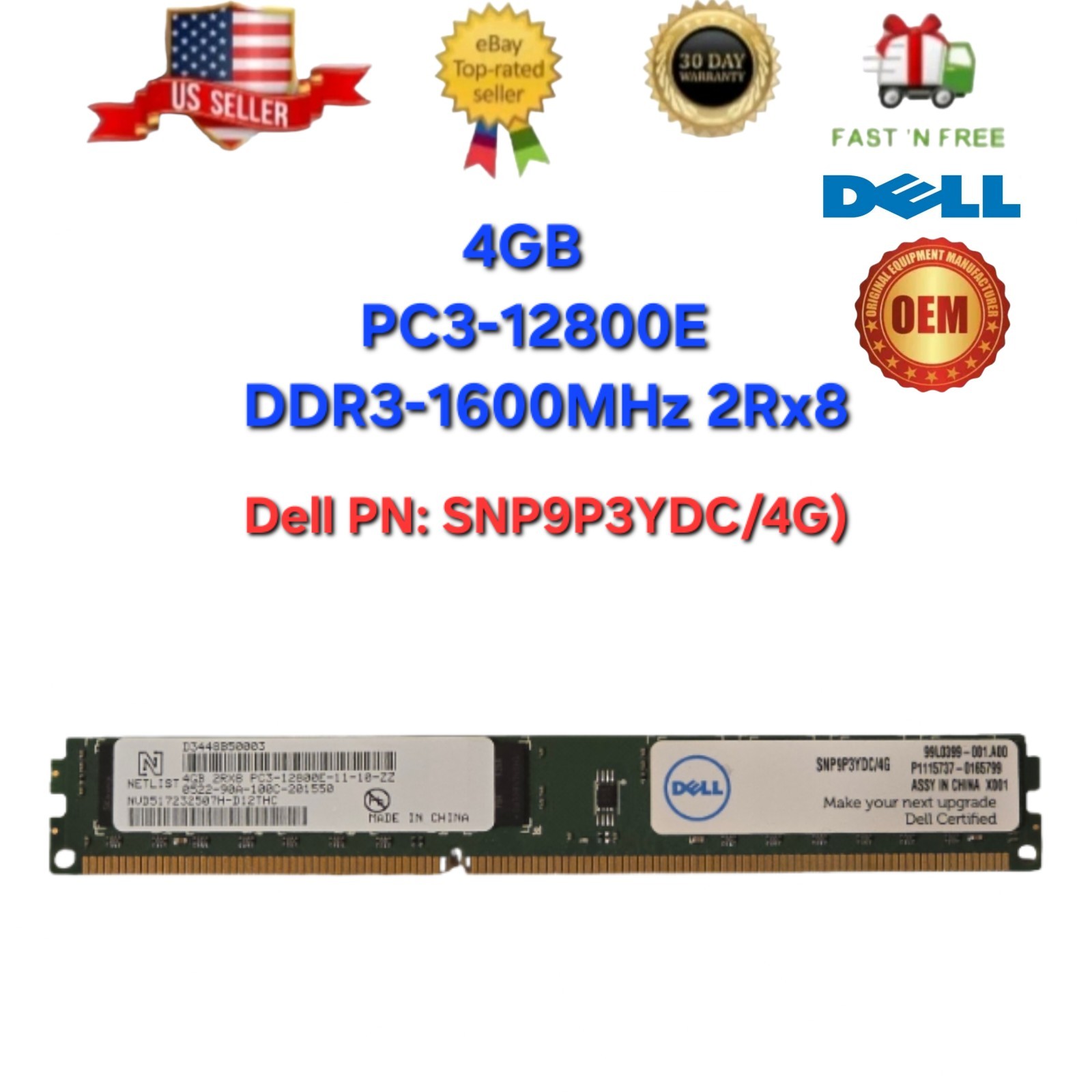 Netlist Dell 4GB DDR3 RAM PC3-12800 1600MHz Desktop Server Memory SNP9P3YDC/4G
