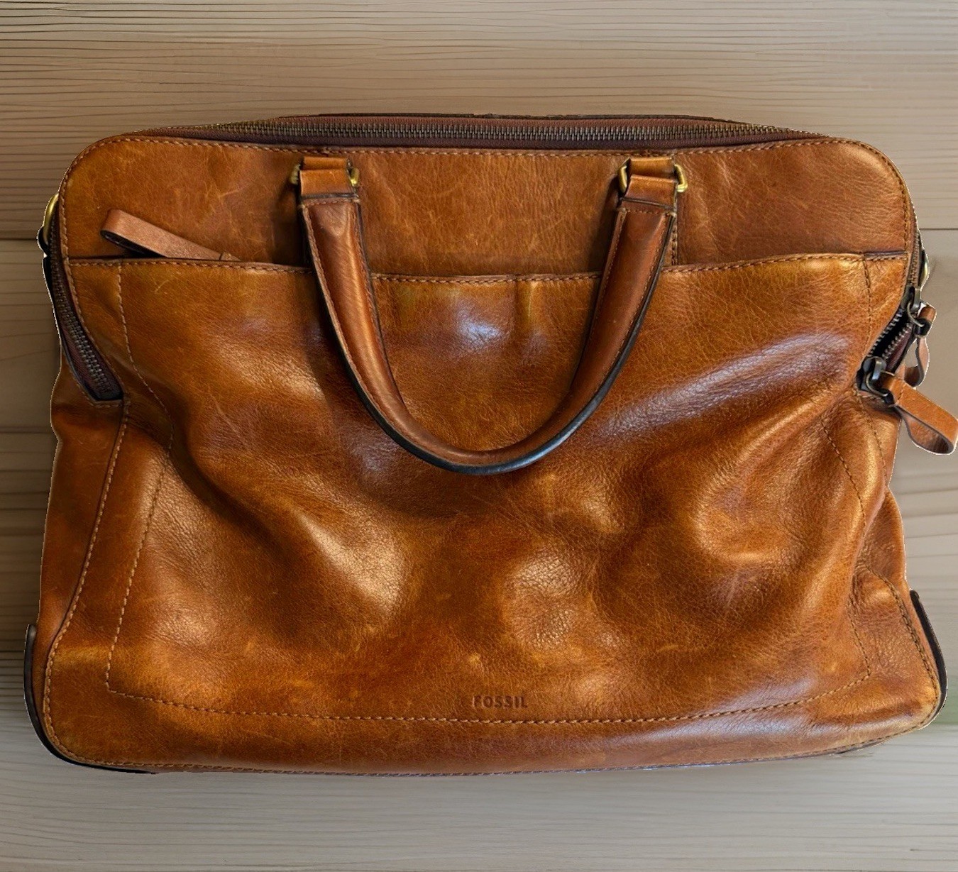 Fossil Brown Leather Briefcase w/ Zipper Closure Fits 15 in Laptop