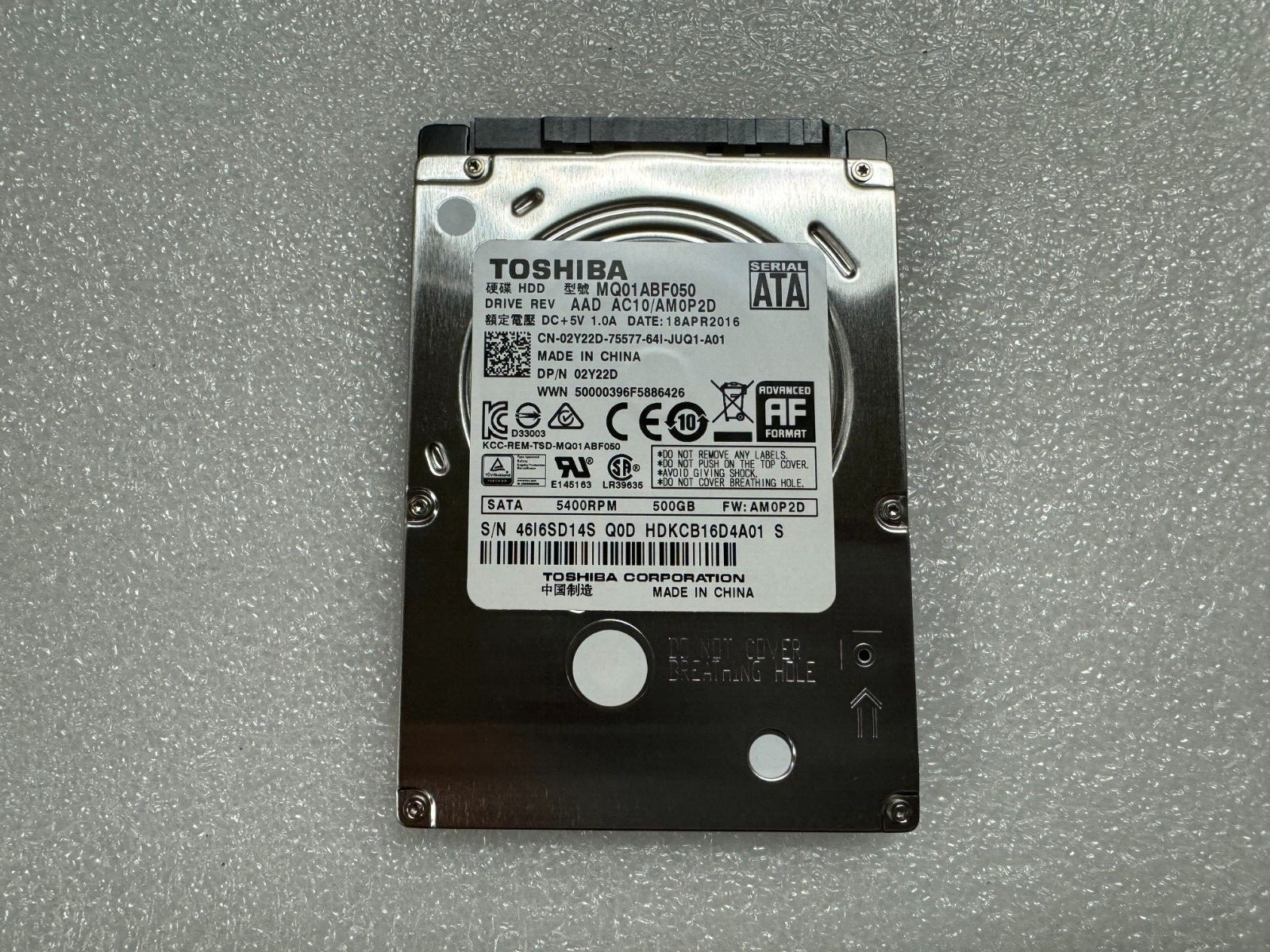 TOSHIBA 500GB 2.5" LAPTOP HARD DRIVE MQ01ABF050 AAD AB00/AM0P1D 2Y22D 5400RPM