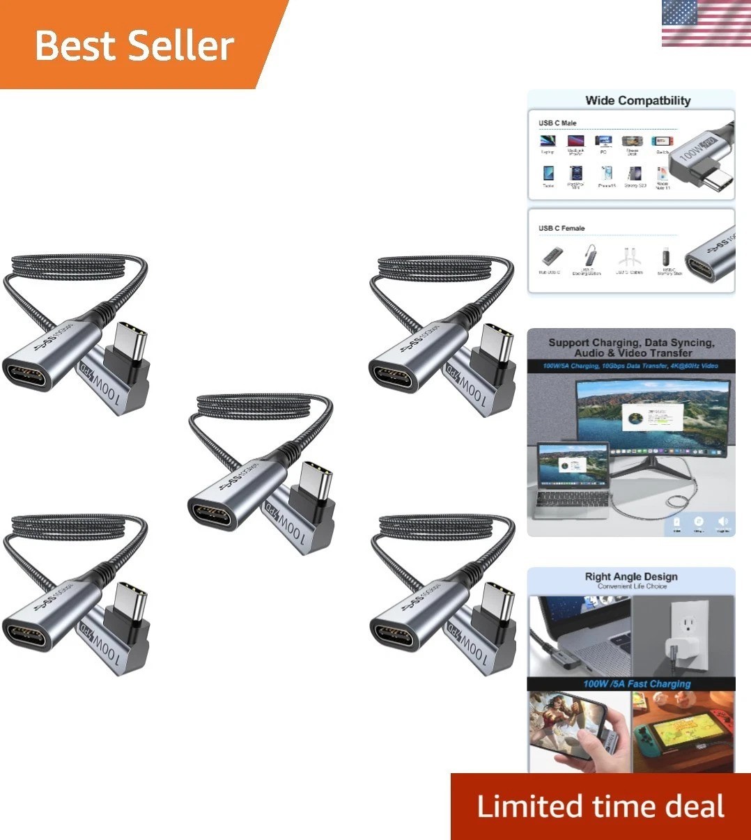 Durable USB C Extension Cable 3 FT 5-Pack - 100W Power, Braided & Heat Resistant