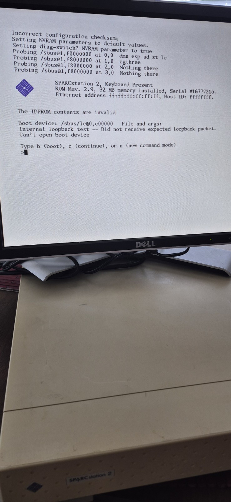 Sun Sparcstation 2 , 40MHZ ? ,32 Mb Ram,Boots to Bios ,No Os , Sold As Is